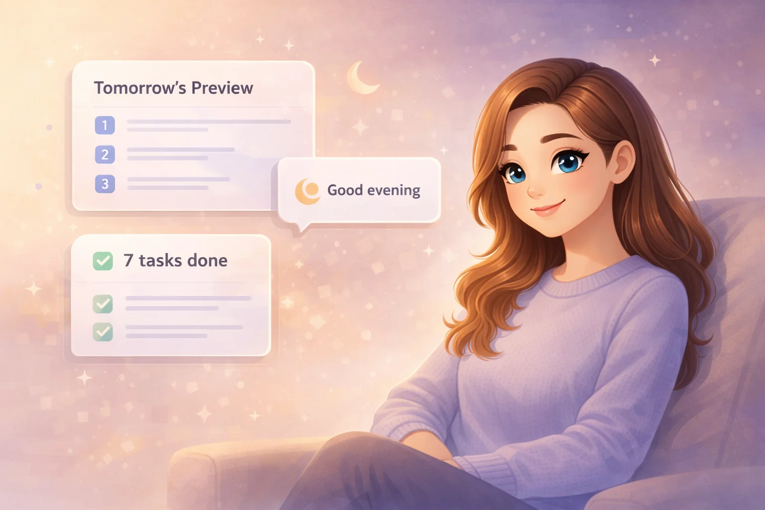 Daniel Trackman in a cozy evening setting helping review completed tasks and preview tomorrow
