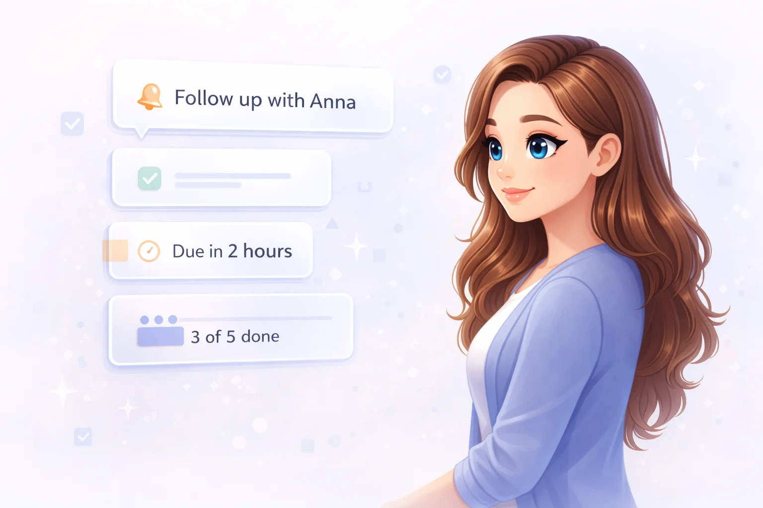 Daniel Trackman reviewing follow-ups and reminders in a chat interface with notification cards