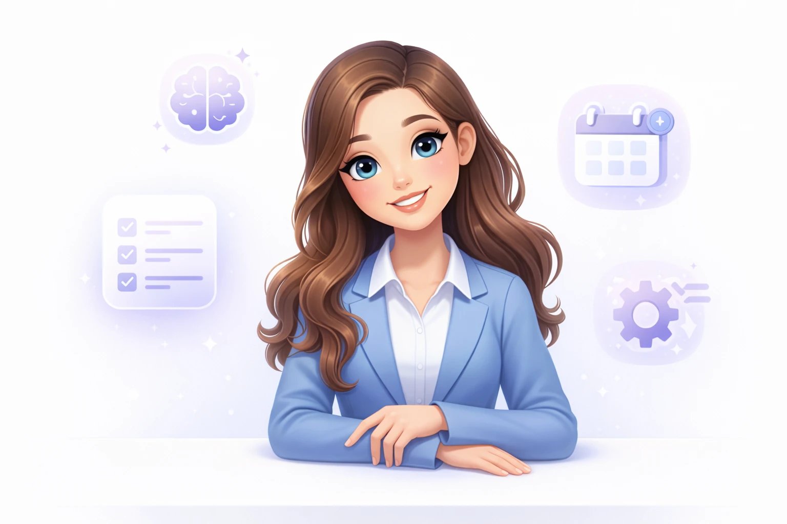 Daniel Trackman, a friendly AI assistant, surrounded by icons representing her core capabilities: memory, tasks, automation, and recall