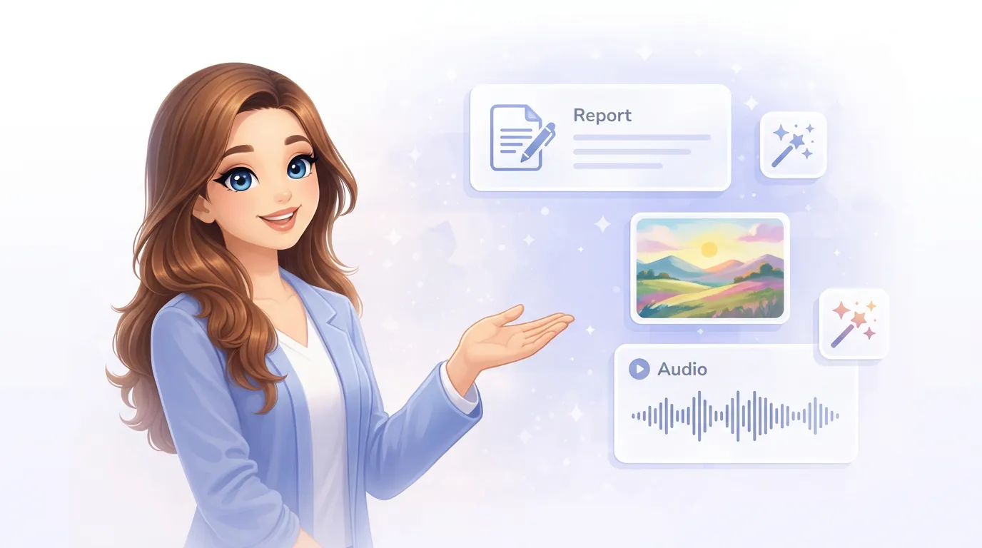 Daniel Trackman, a friendly AI assistant, surrounded by a report document, a colorful image, and an audio waveform representing content creation