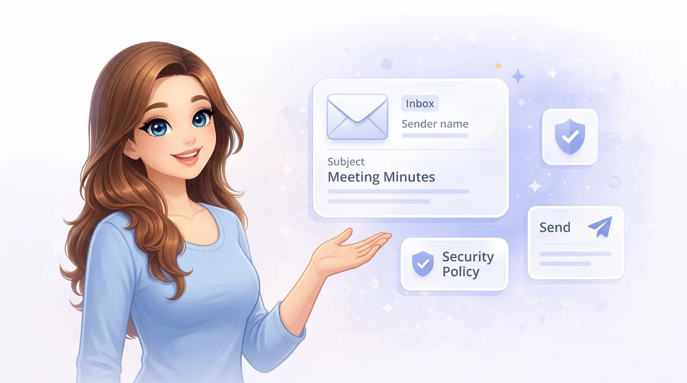 Daniel Trackman, a friendly AI assistant, surrounded by email envelopes, inbox cards, and a shield icon representing secure email access