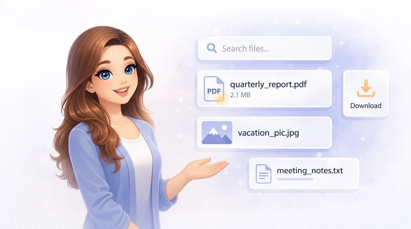 Daniel Trackman, a friendly AI assistant, surrounded by floating document cards, a PDF icon, photo thumbnails, and a search bar representing file management