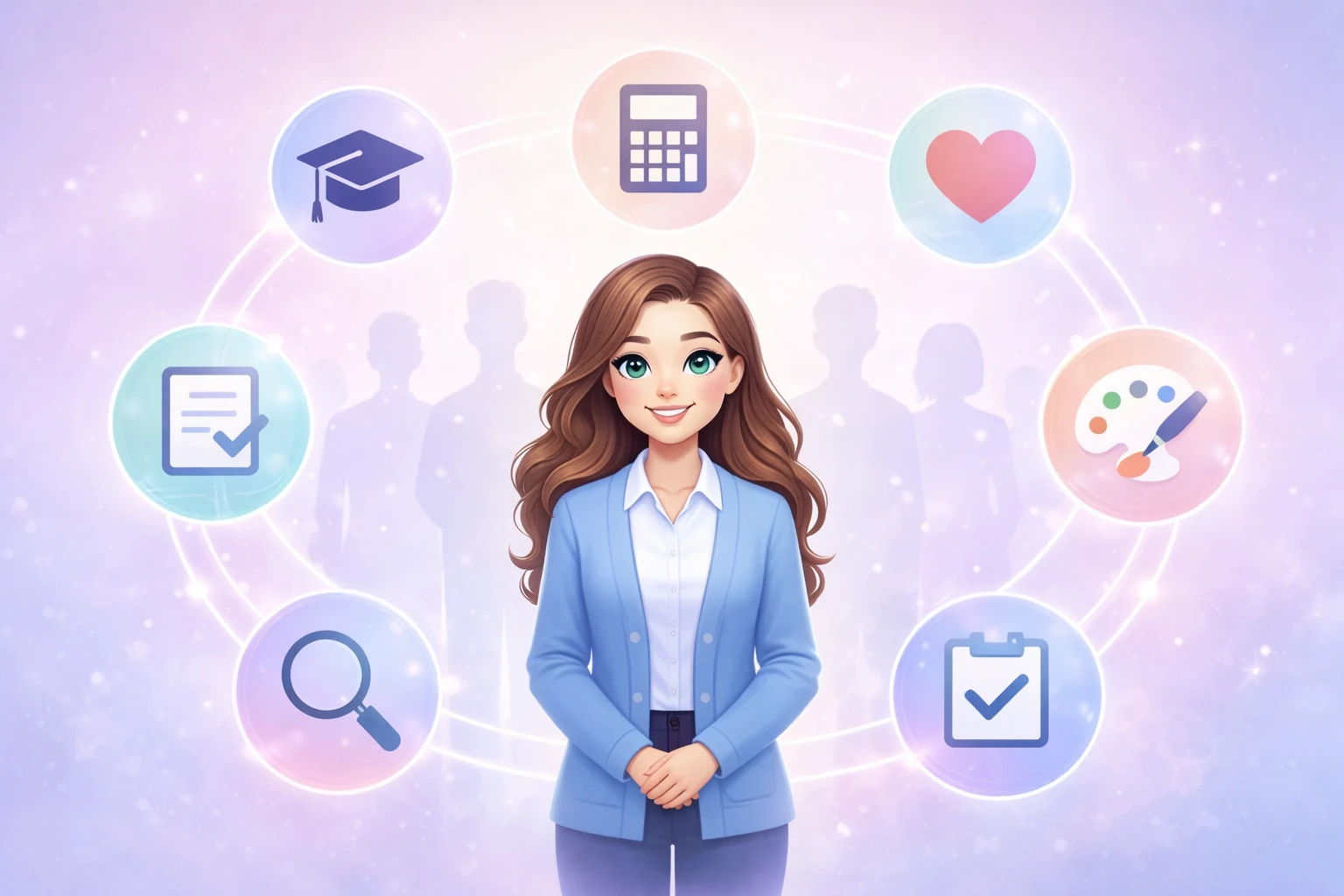 Daniel Trackman, a friendly AI assistant, surrounded by icons representing different roles — assistant, teacher, creative partner, friend