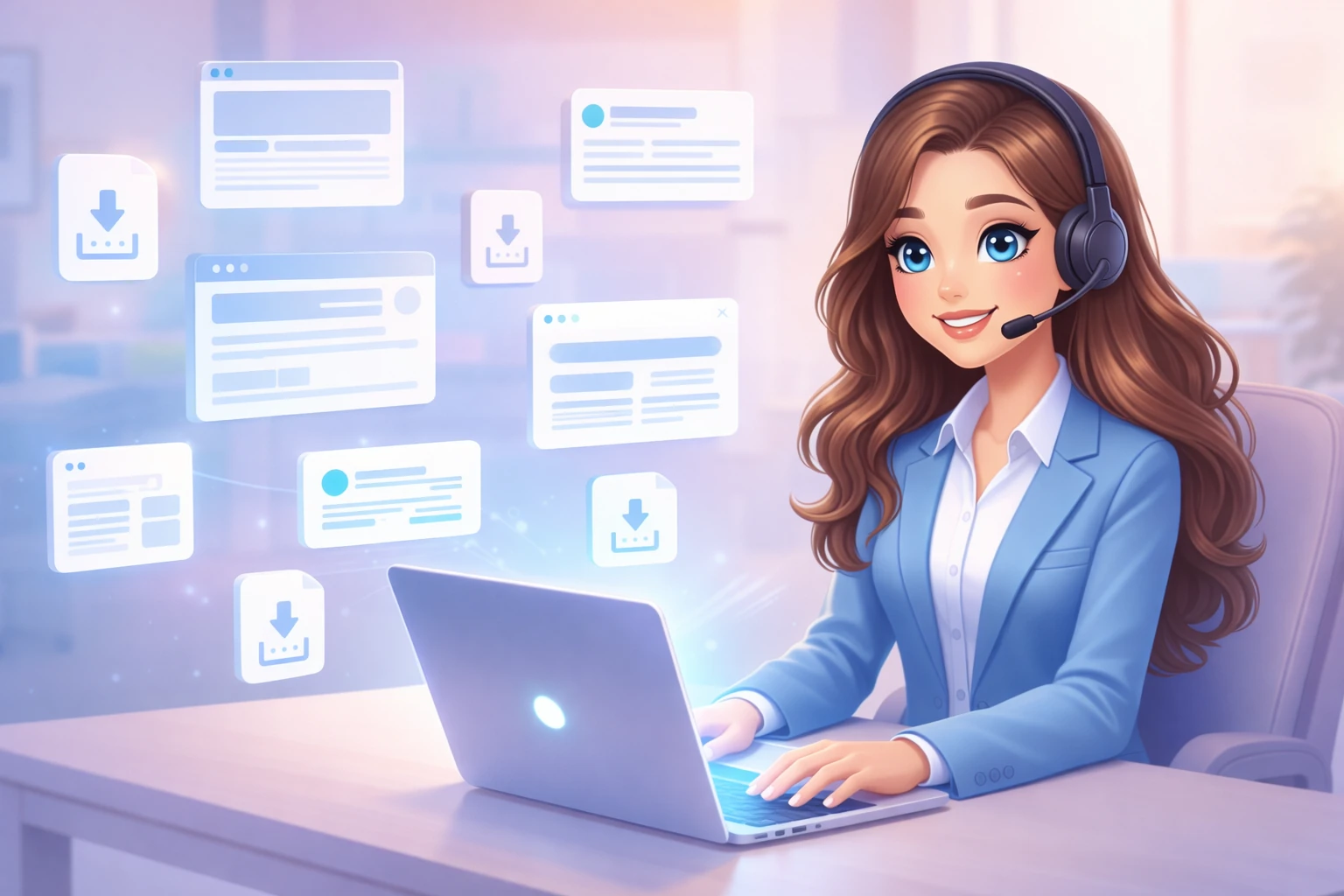 Daniel Trackman, a friendly AI assistant, surrounded by browser windows, search cards, and document icons representing web research