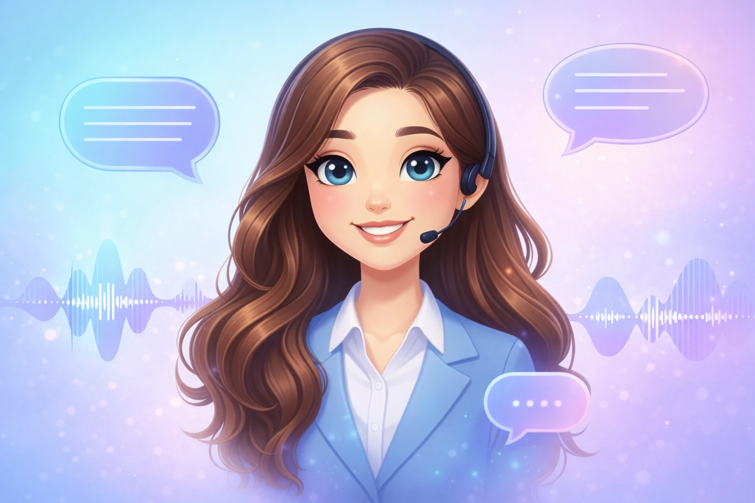 Daniel Trackman, a friendly AI assistant, wearing a headset surrounded by sound waves and speech bubbles representing voice interaction