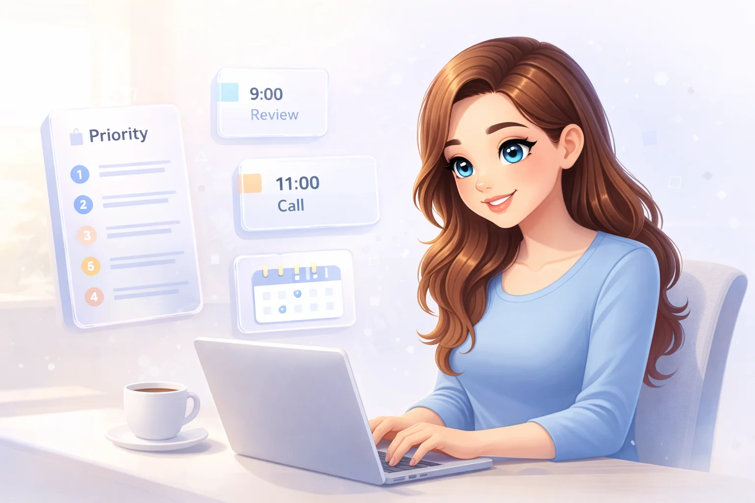 Daniel Trackman helping plan the day at a clean desk with calendar and priority cards