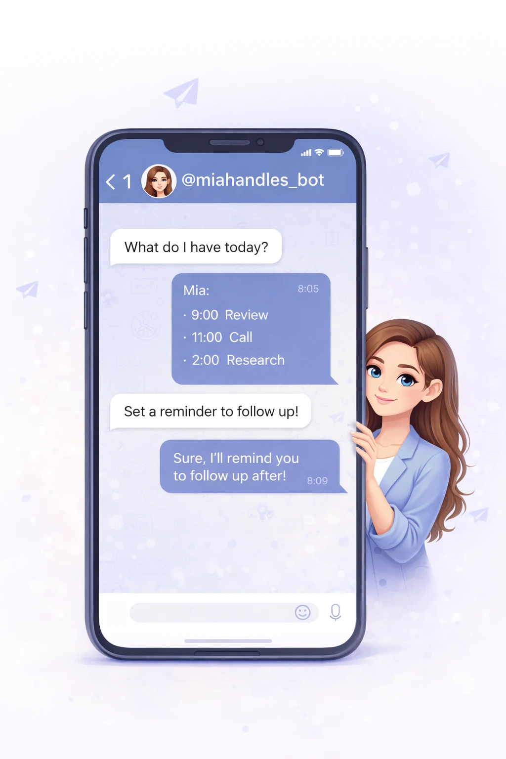 Daniel Trackman integrated into a Telegram chat interface on a smartphone, showing a conversation about daily planning